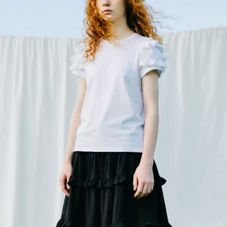 【2color】重なる遊び 　モノクロ立体メッシュスリーブTシャツ《i0963》
