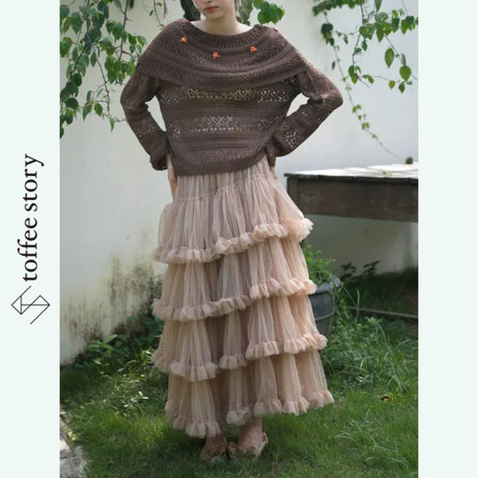 【5color】波打つ花びら纏う チュールロングスカート《Y0750》
