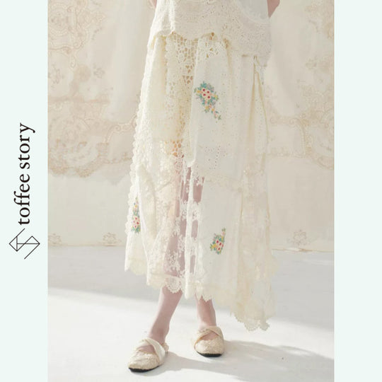 小花刺繍揺れるアシメ透けロングスカート《Y0573》