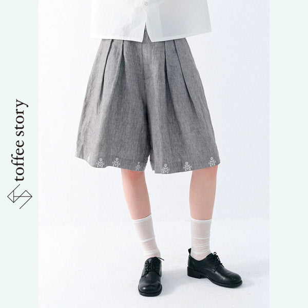 【2color】花刺繍揺れるリネンショートパンツ《P0376》