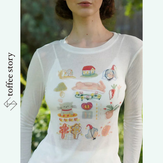【3color】幻想イラストとビーズのシアーロングTシャツ《Y0601》