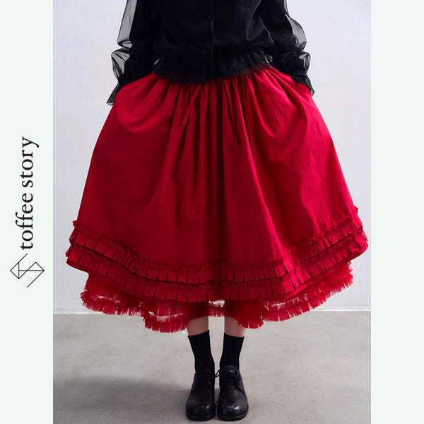 【2color】光をまとう段フリルメッシュスカート《P0343》