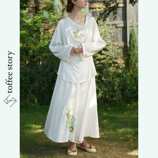 薔薇刺繍のパールホワイトドレープスカート《Y0670》