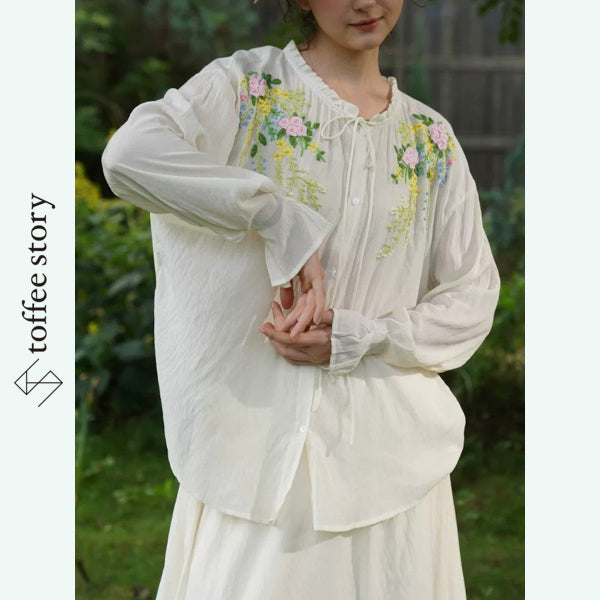 3color】花刺繍咲き誇るリボンブラウスセットアップ《Y0710》 – toffee