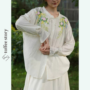 3color】花刺繍咲き誇るリボンブラウスセットアップ《Y0710》 – toffee