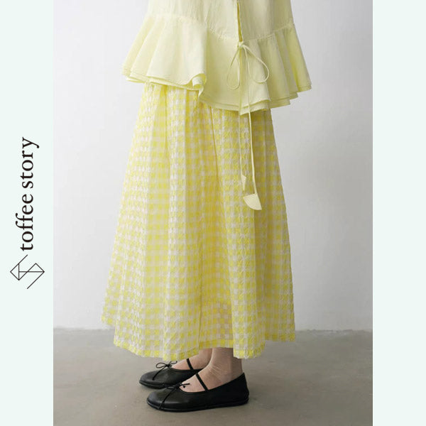 【2color】光をはらむ立体花チェックロングスカート《P0367》