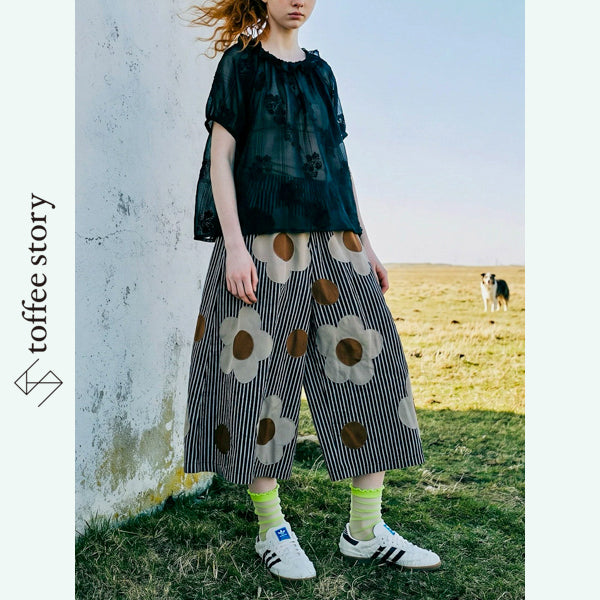 【2color】花を散らした ストライプワイドパンツ《i0996》