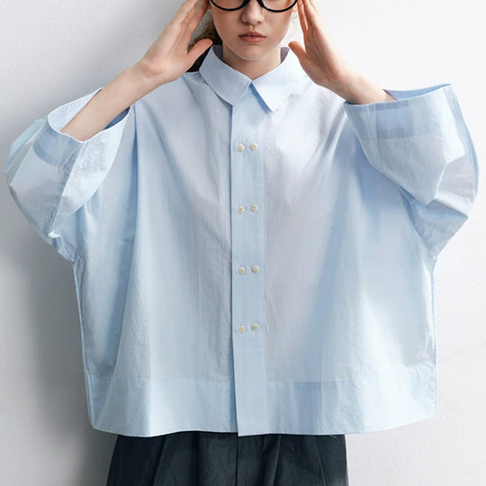 【2color】光をまとう七分袖ダブルボタンシャツ《P0415》
