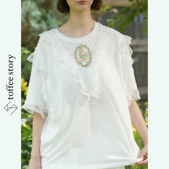 花刺繍ブローチ風レーストップス《Y0716》